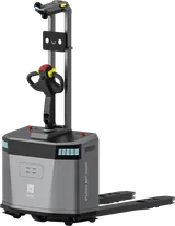 PUDU MP2000 robotic pallet truck in three-quarter view, showing the mast-top sensor head, face display panel, tiller handle, grey body with PUDU MP2000 lettering and lowered forks