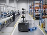 Illustration of a PUDU MP2000 carrying stacked grey crates on a blue pallet beside an assembly line, with workers at the line and pallet racking opposite