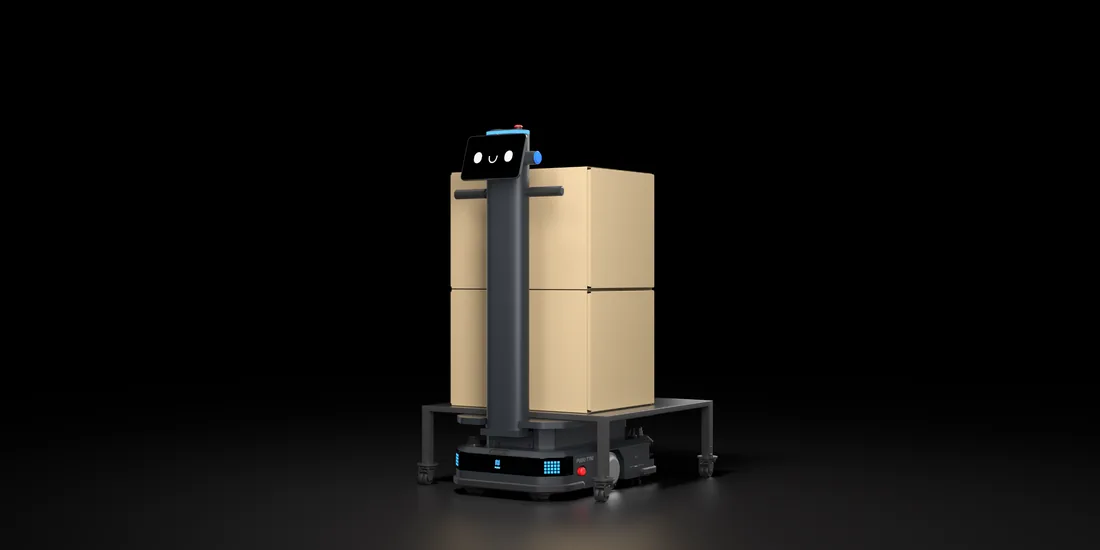 PUDU T150 Lifting robot positioned beneath a four-castor wheeled cart carrying two stacked cardboard boxes, on a black background