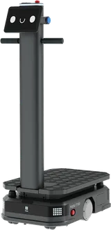 PUDU T150 delivery robot with a face-style touchscreen, T-handles and a flat textured top deck, on a white background