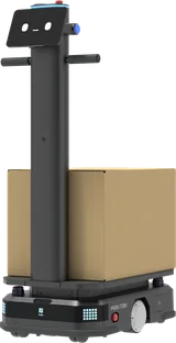 PUDU T300 Standard (WTID01) industrial delivery robot in dark grey, shown in three-quarter view with a cardboard box on its load deck
