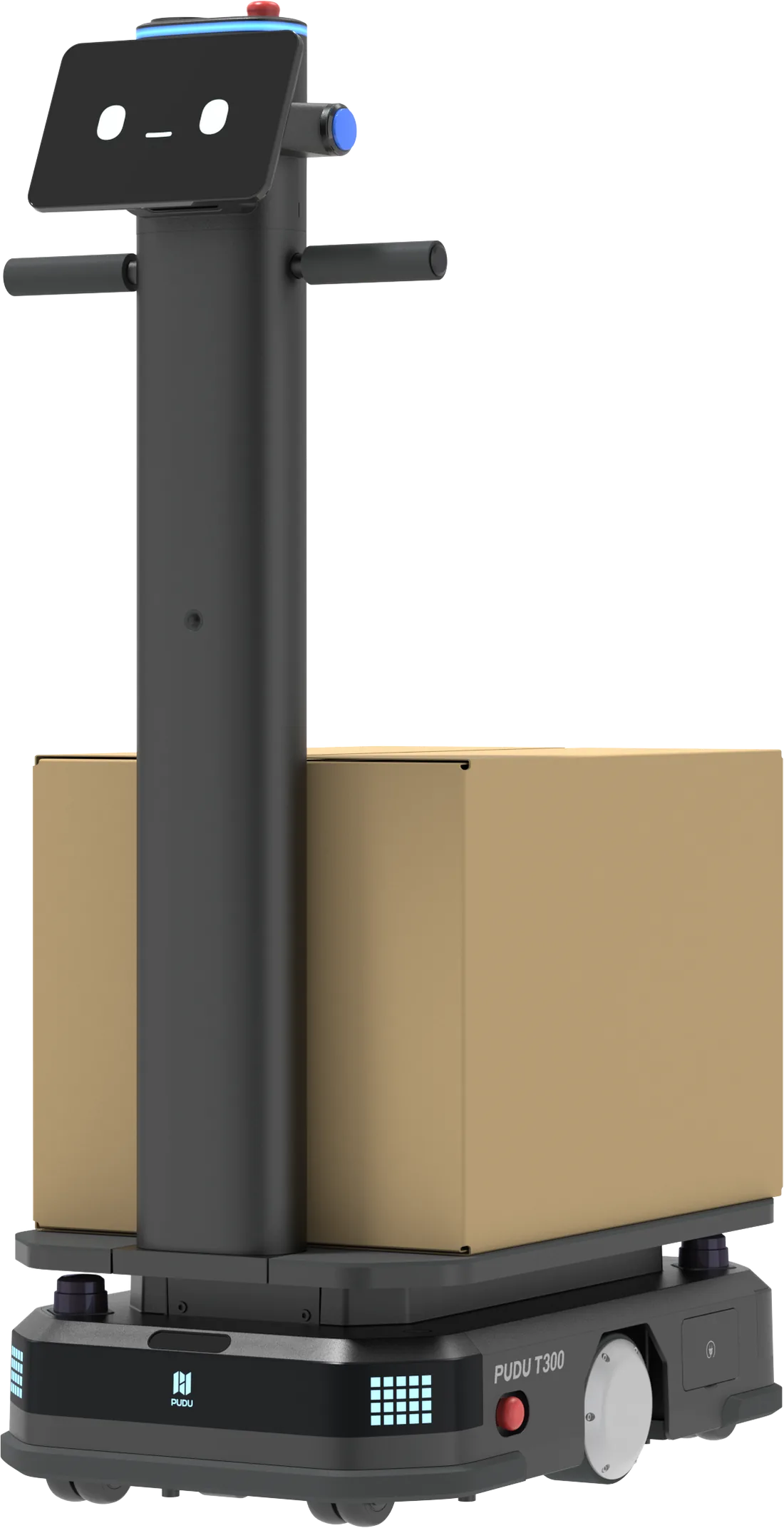 PUDU T300 Standard (WTID01) industrial delivery robot in dark grey, shown in three-quarter view with a cardboard box on its load deck