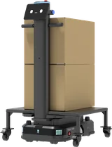 PUDU T300 Lifting (WTIDL1) positioned under a black four-leg castor rack carrying two stacked cardboard boxes