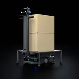 PUDU T600 Upright robot lifting a wheeled frame loaded with two large cardboard boxes