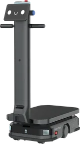 PUDU T600 Upright robot with a face display screen on a column, handlebars and a flat deck, on a white background
